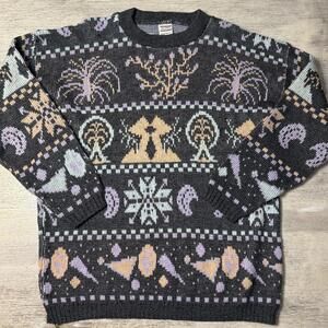 Vintage Grey Purple Blue Whimsical Women’s Patterned Sweater M